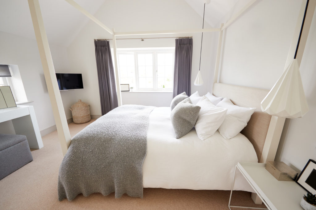 Empty Interior Of Stylish Master Bedroom With Storage