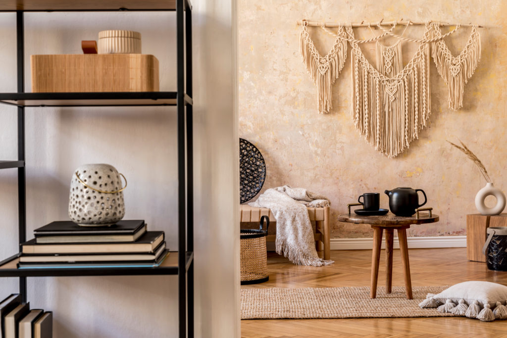 Interior design of stylish living room with chaise longue, beaut
