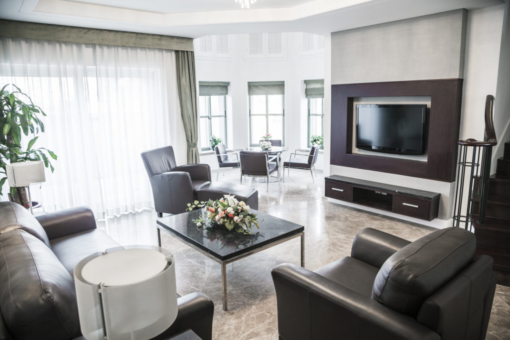 Modern living room with television.