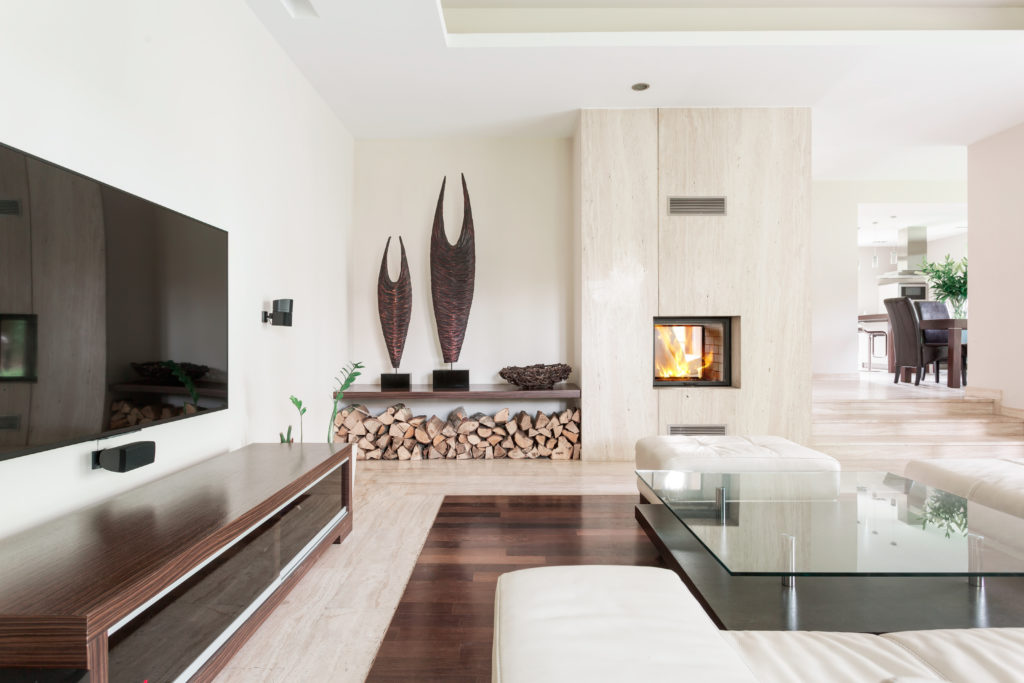 White living room with TV set